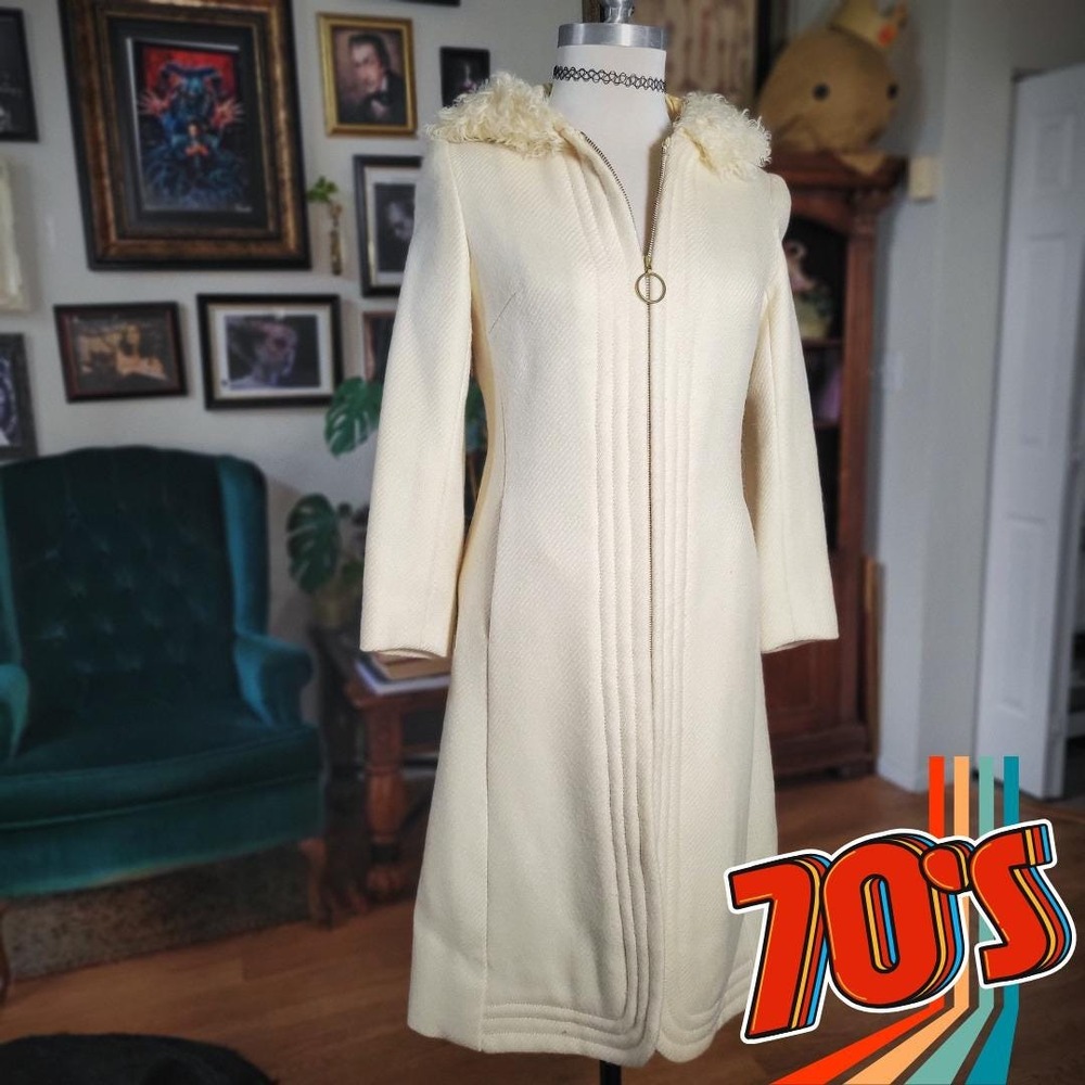 Wool Coat Curly Lamb Fur Vintage 70s Hooded Cream Ring Pull Zipper Jacket Small